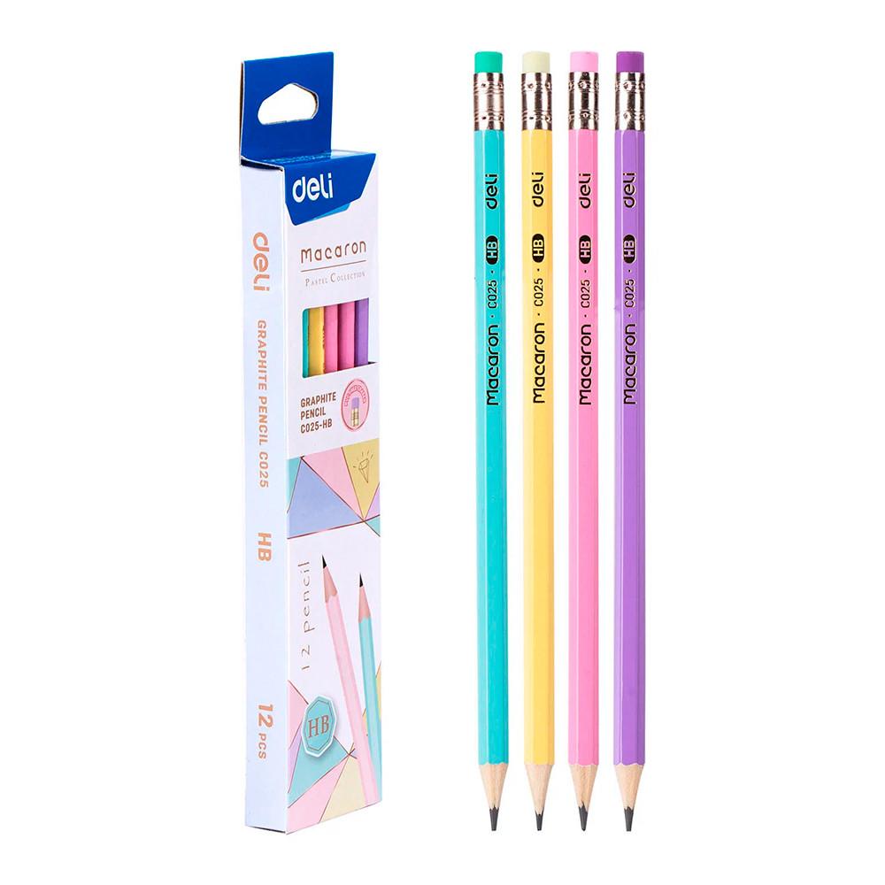 Набор карандашей чернографитных 12 шт Deli Macaron липа шестигранный с ластиком 2,4мм