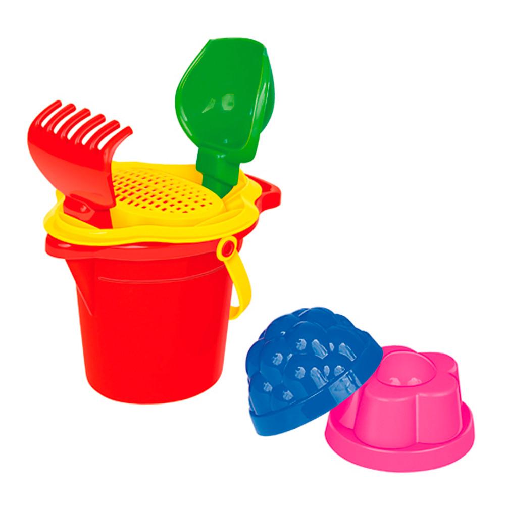 Набор №150: ведро малое с носиком, ситечко-цветок, совок, грабли, 2 формочки (2982)
