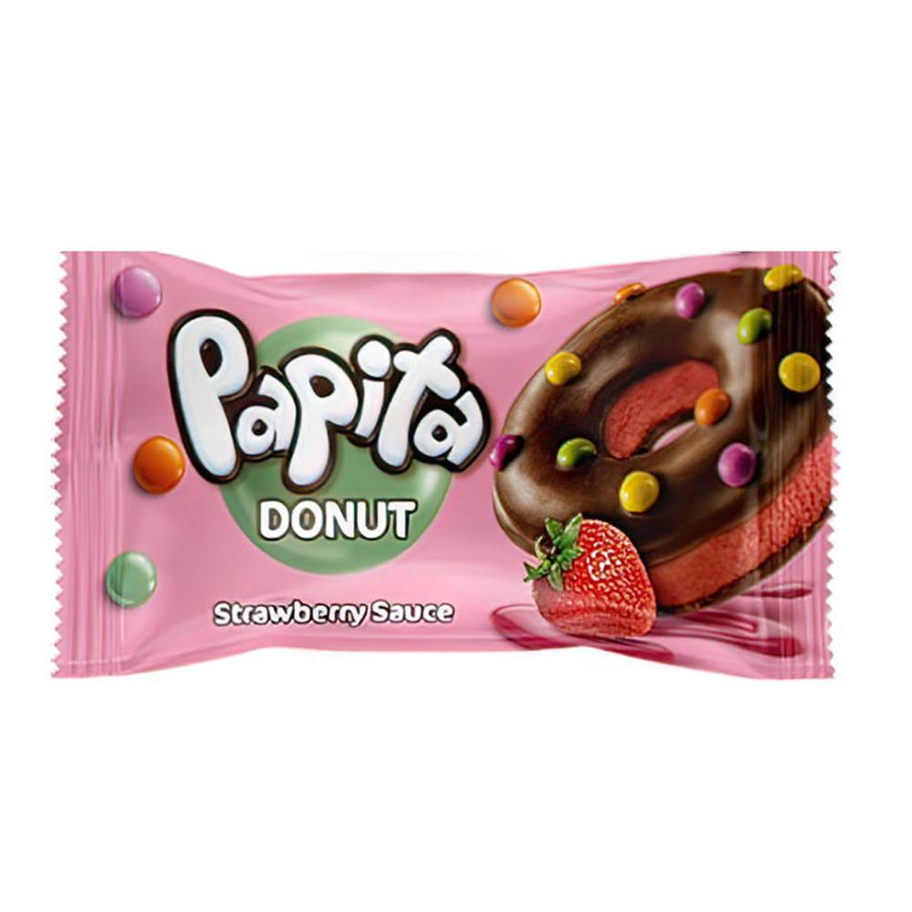 Кекс Papita Donut с какао-глазурью клубничной начинкой и цветным драже 40гр