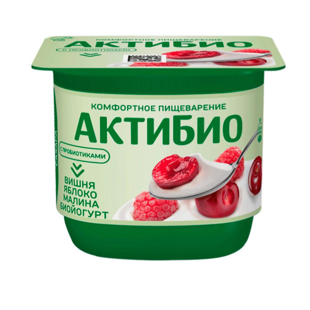 БЗМЖ Биойогурт АктиБио обогащенный вишня яблоко малина без сахара 2,9% 130гр