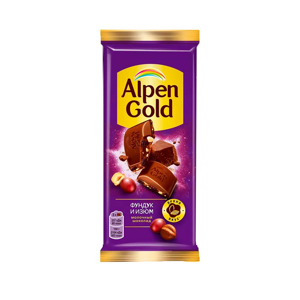 Шоколад молочный Alpen Gold с фундуком и изюмом 80гр