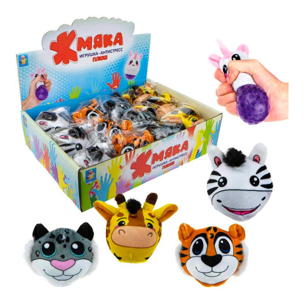 Жмяка-плюш с шариками, тигр, кот, зебра, жираф,10см, 12 шт в д/б
