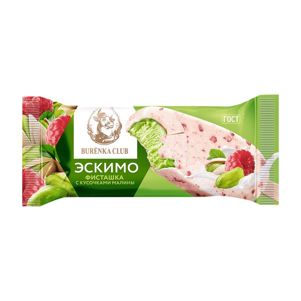 БЗМЖ Мороженое Burenka Club пломбир фисташка с кусоч. малины в бел. гл. эскимо 15% 70гр
