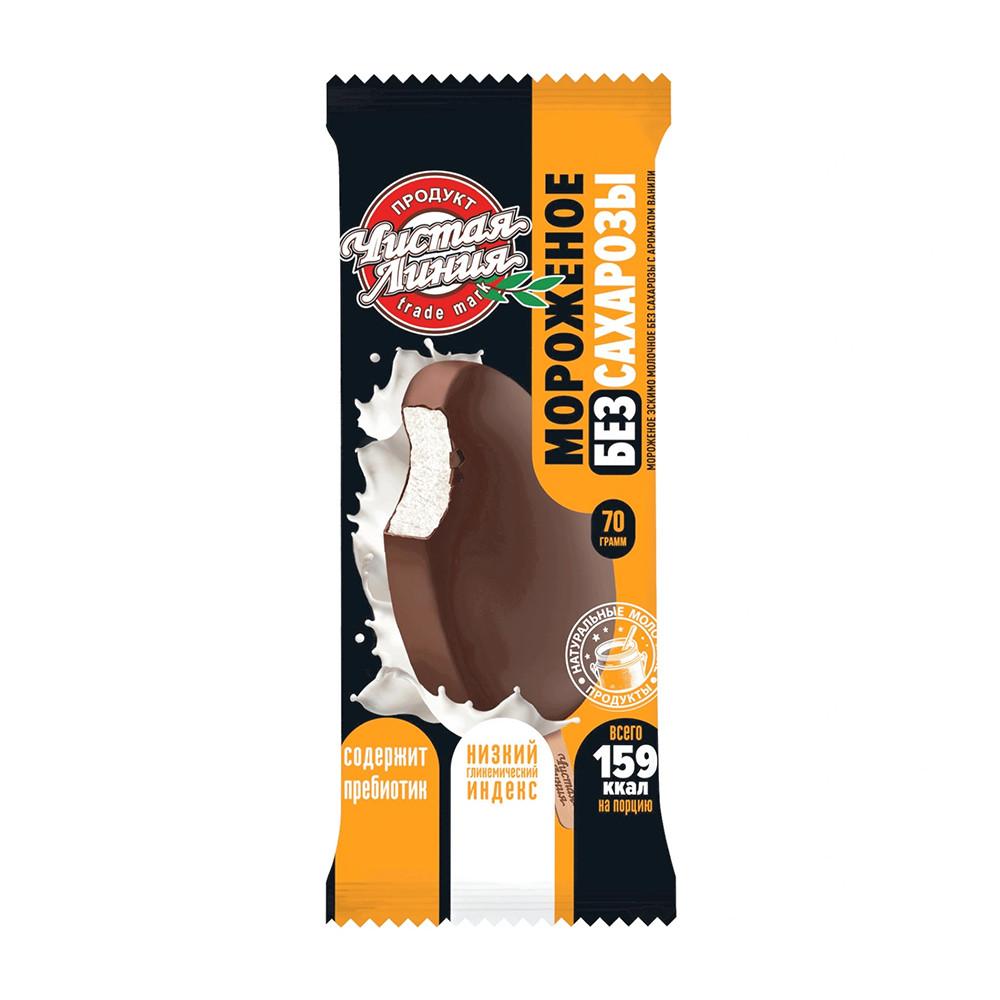 БЗМЖ Мороженое Чистая Линия молочное б/сахарозы ванильное в шок. гл. эскимо 13% 70гр