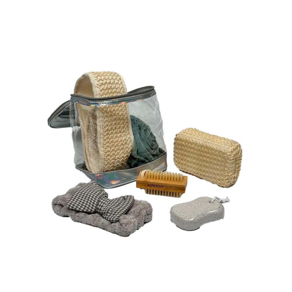 Набор банных принадлежностей мочалка с ручками, шар, губка, пемза, щетка, повязка на голову M-62-10