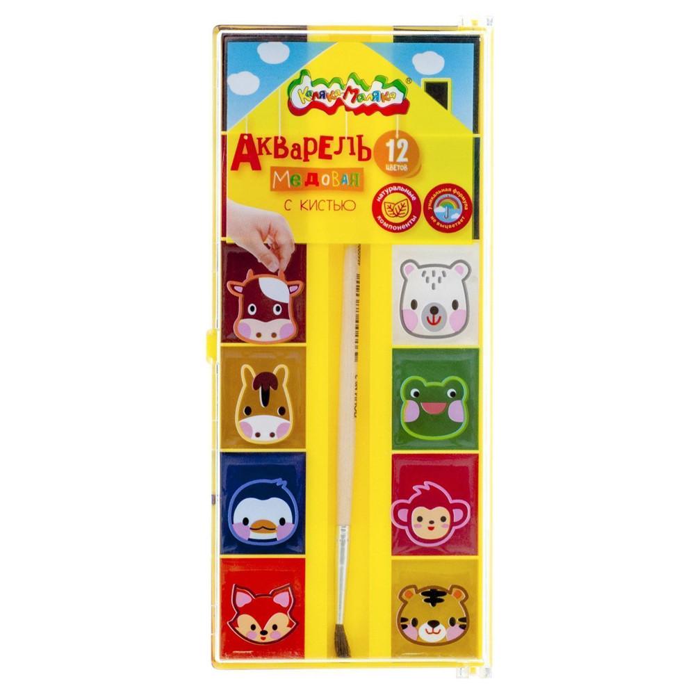Акварель 12 цв с кистью медовая Каляка-Маляка Зверята в домике