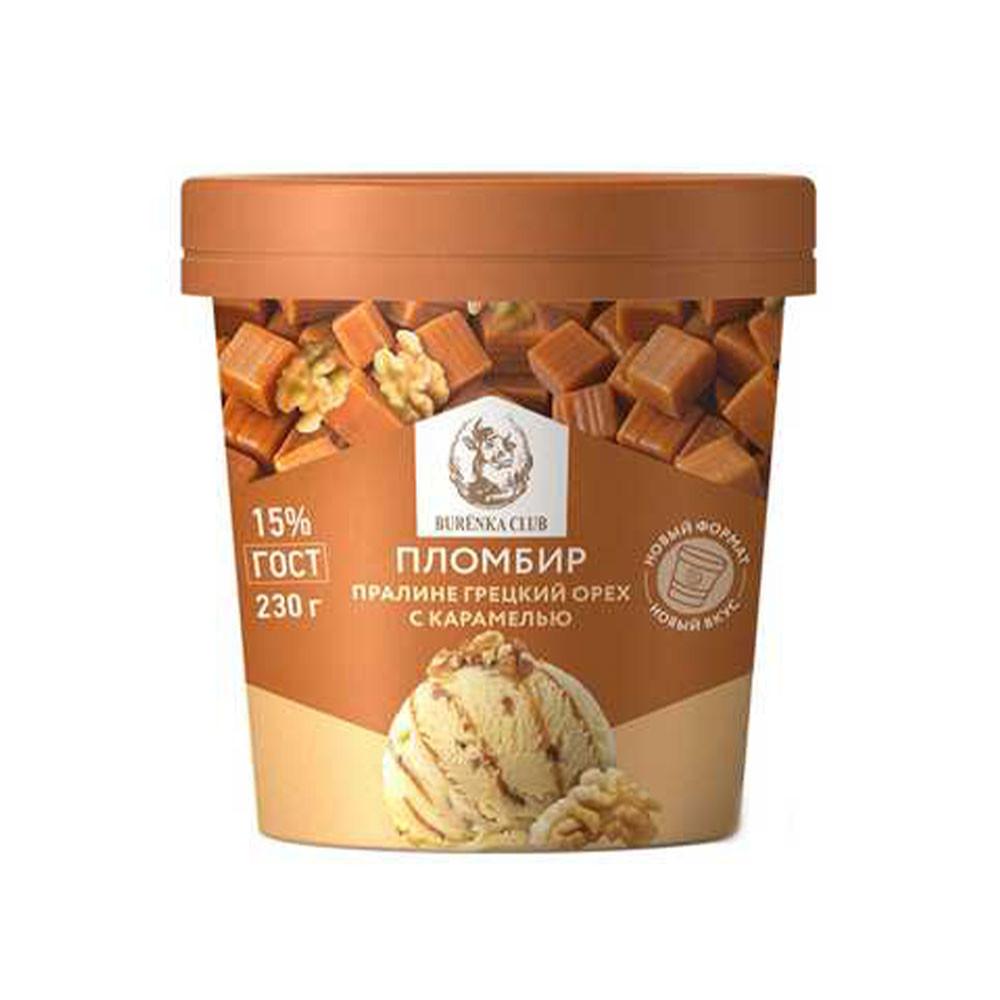 БЗМЖ Мороженое Burenka Club пломбир пралине грецкий орех с карамелью бм/ст 15% 230гр